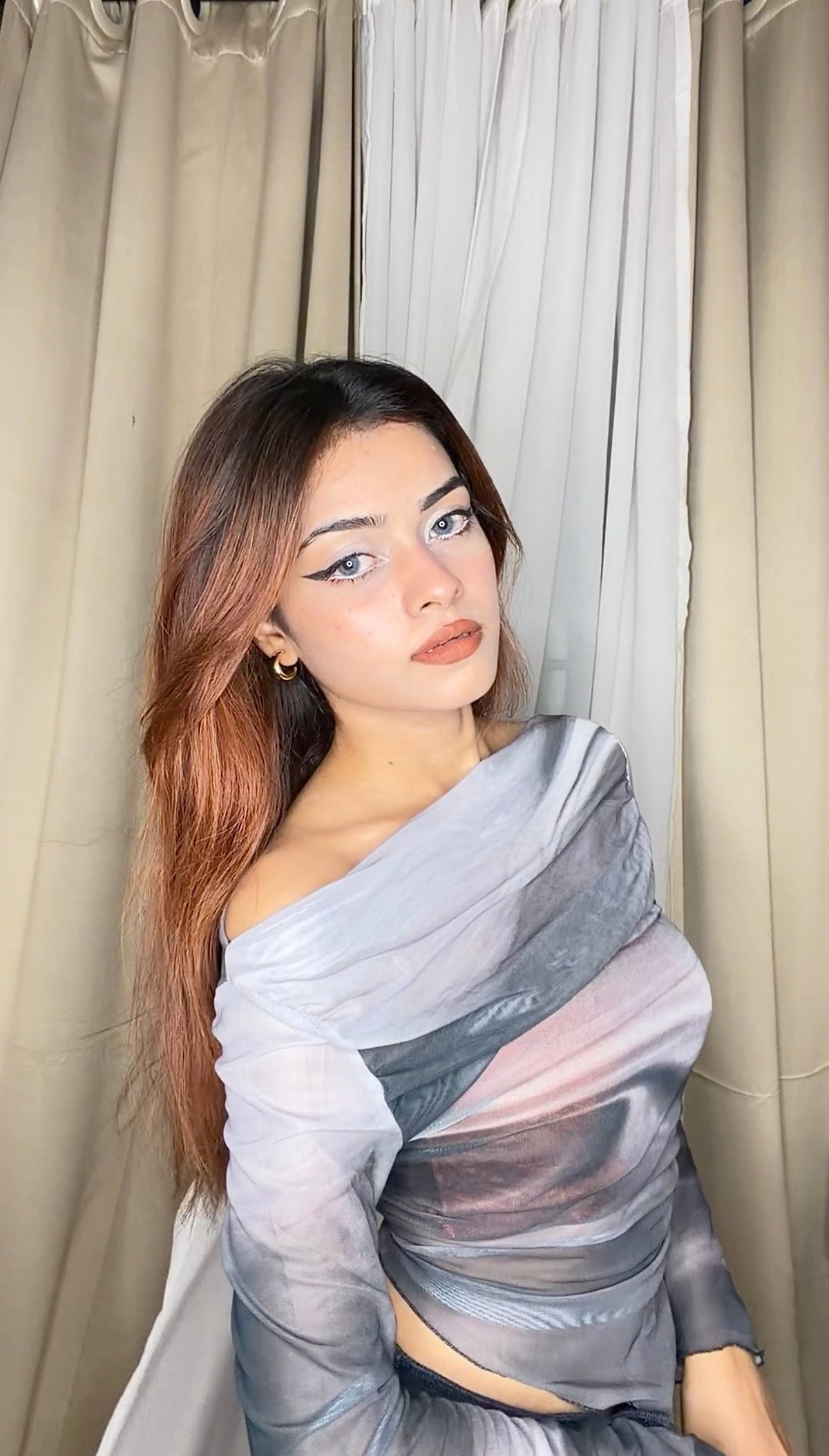 Astrawren Asymmetric Off Shoulder Tie Dye Mesh Long Sleeve Top