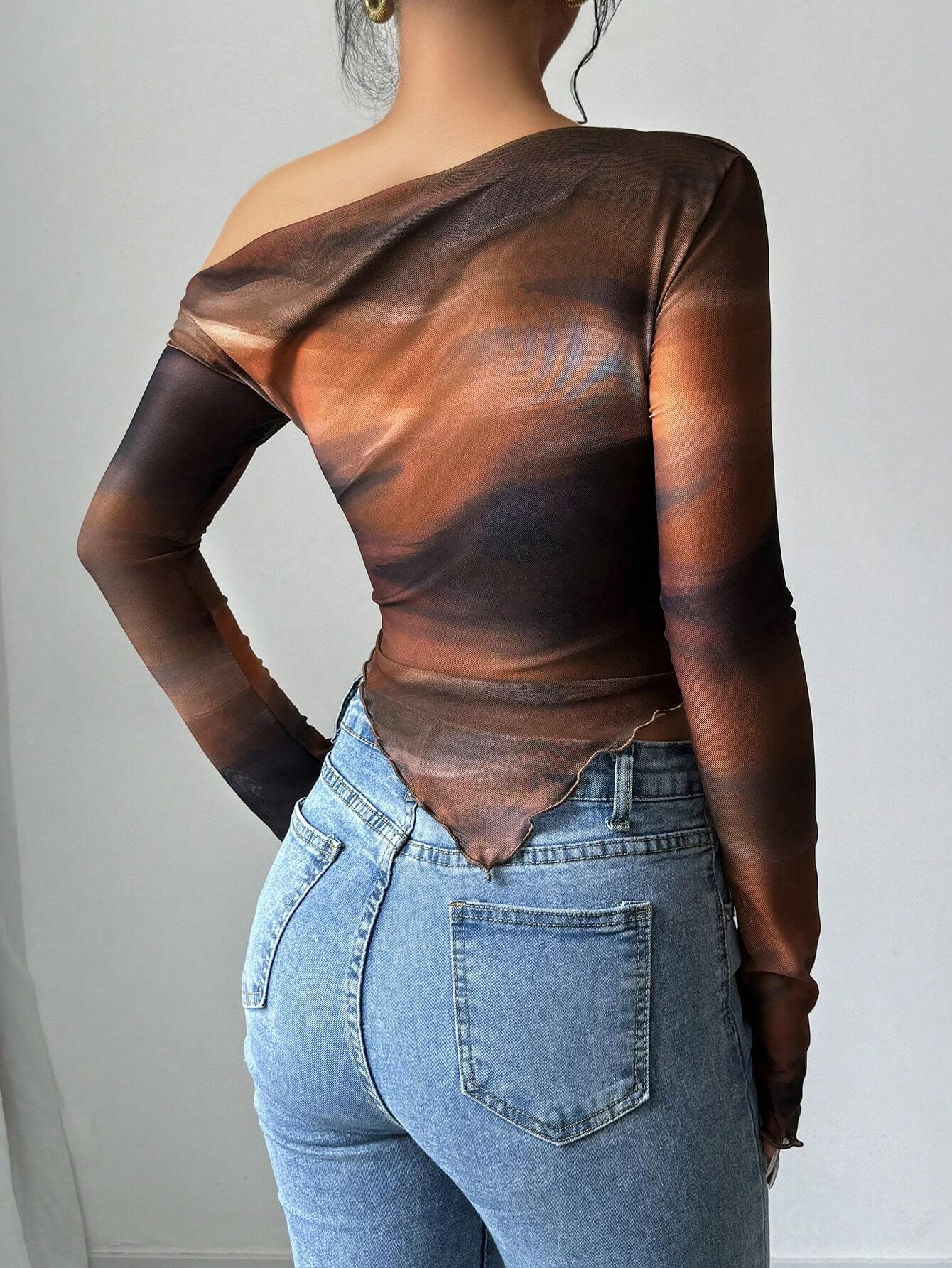 Astrawren Asymmetric Off Shoulder Tie Dye Mesh Long Sleeve Top
