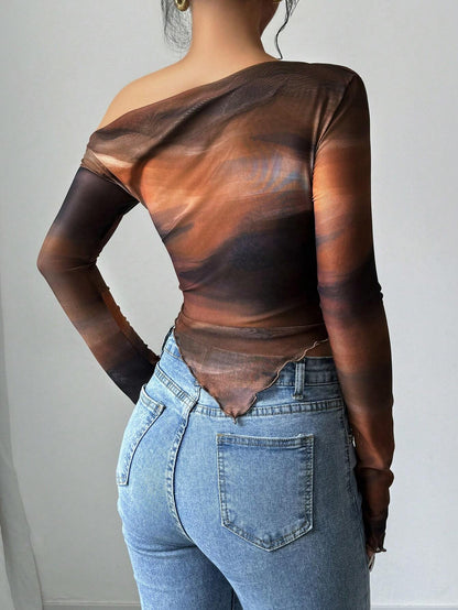 Astrawren Asymmetric Off Shoulder Tie Dye Mesh Long Sleeve Top