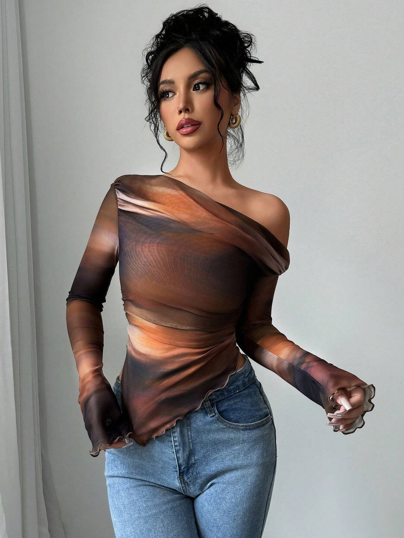 Astrawren Asymmetric Off Shoulder Tie Dye Mesh Long Sleeve Top