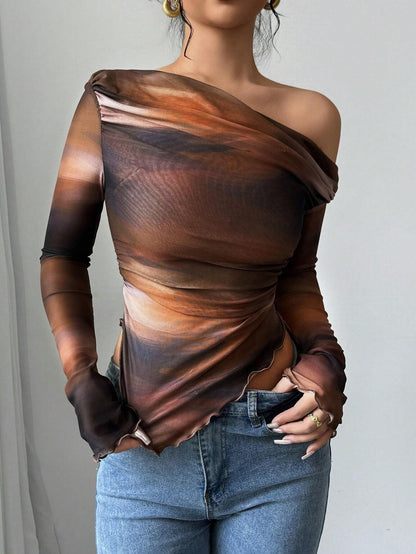Astrawren Asymmetric Off Shoulder Tie Dye Mesh Long Sleeve Top