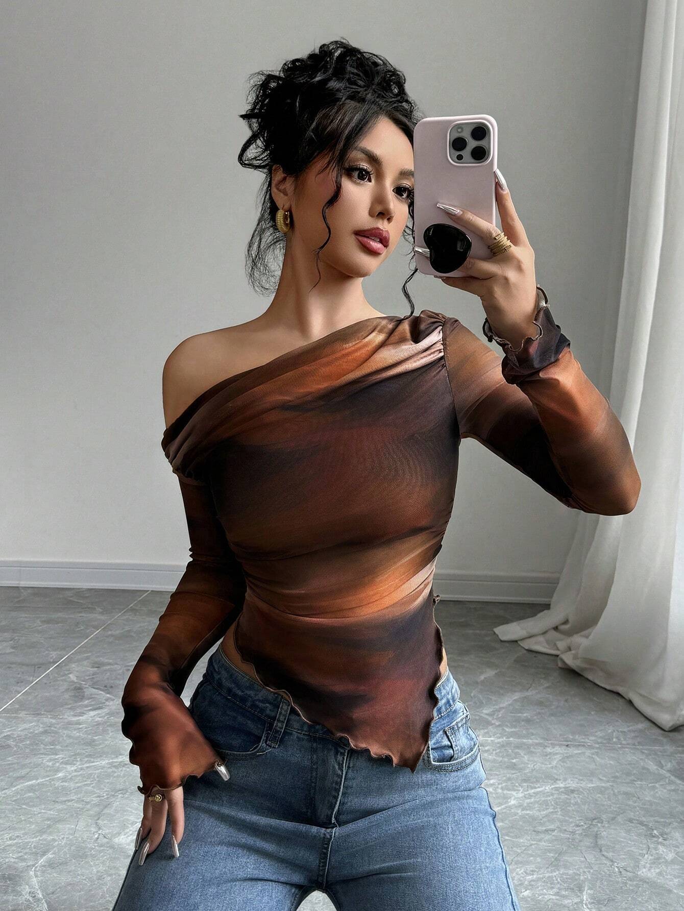 Astrawren Asymmetric Off Shoulder Tie Dye Mesh Long Sleeve Top