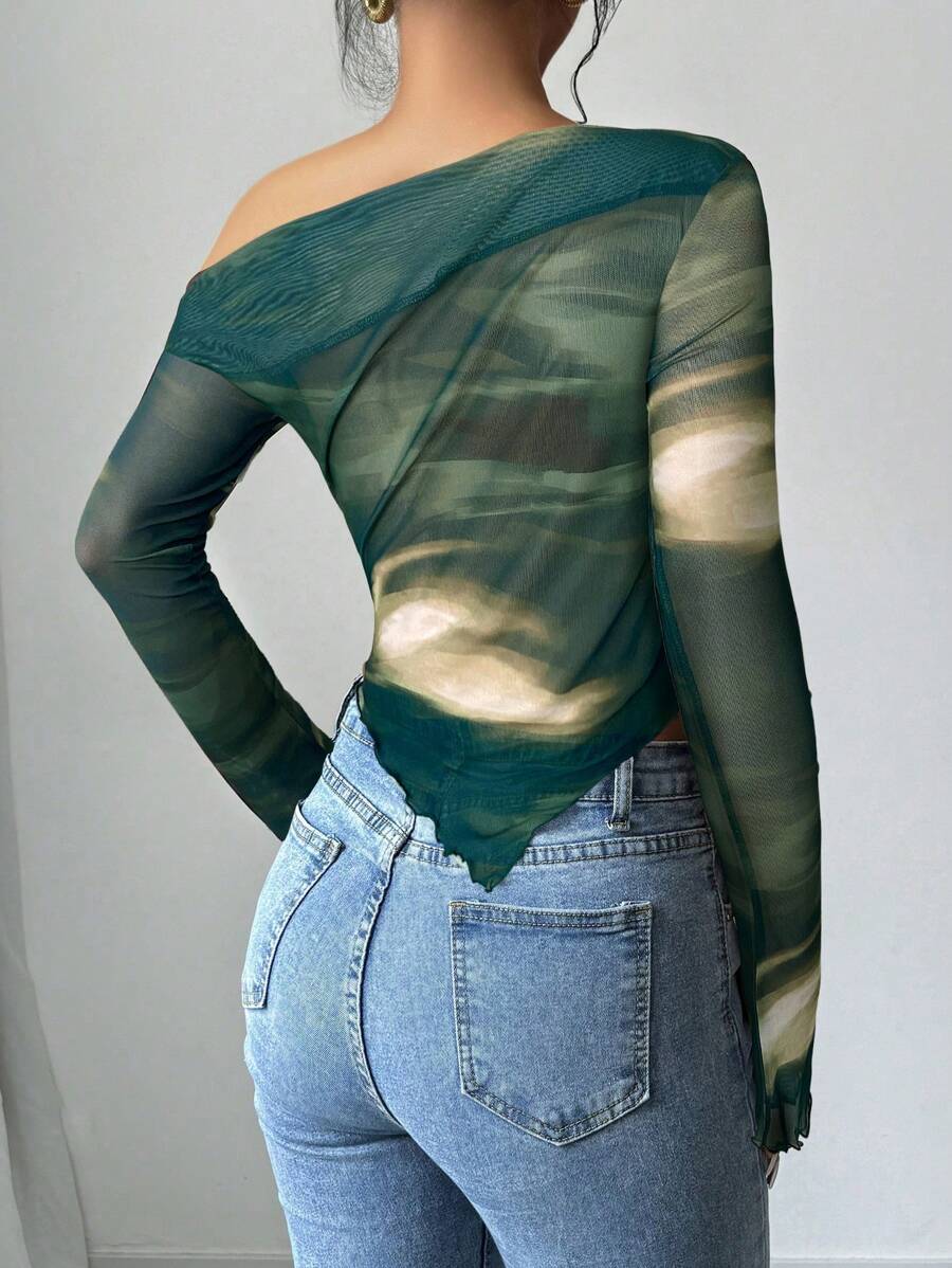 Astrawren Asymmetric Off Shoulder Tie Dye Mesh Long Sleeve Top