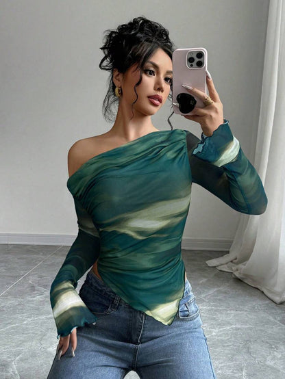Astrawren Asymmetric Off Shoulder Tie Dye Mesh Long Sleeve Top