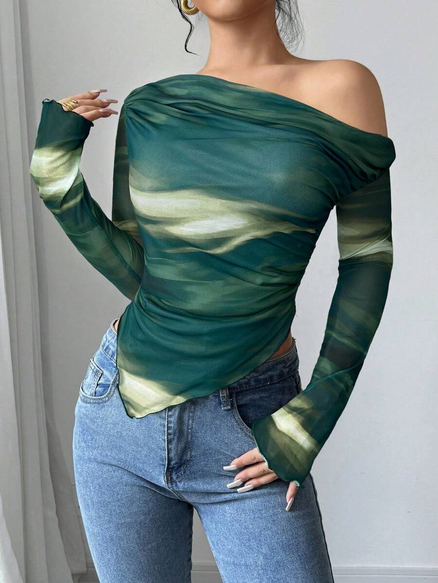 Astrawren Asymmetric Off Shoulder Tie Dye Mesh Long Sleeve Top