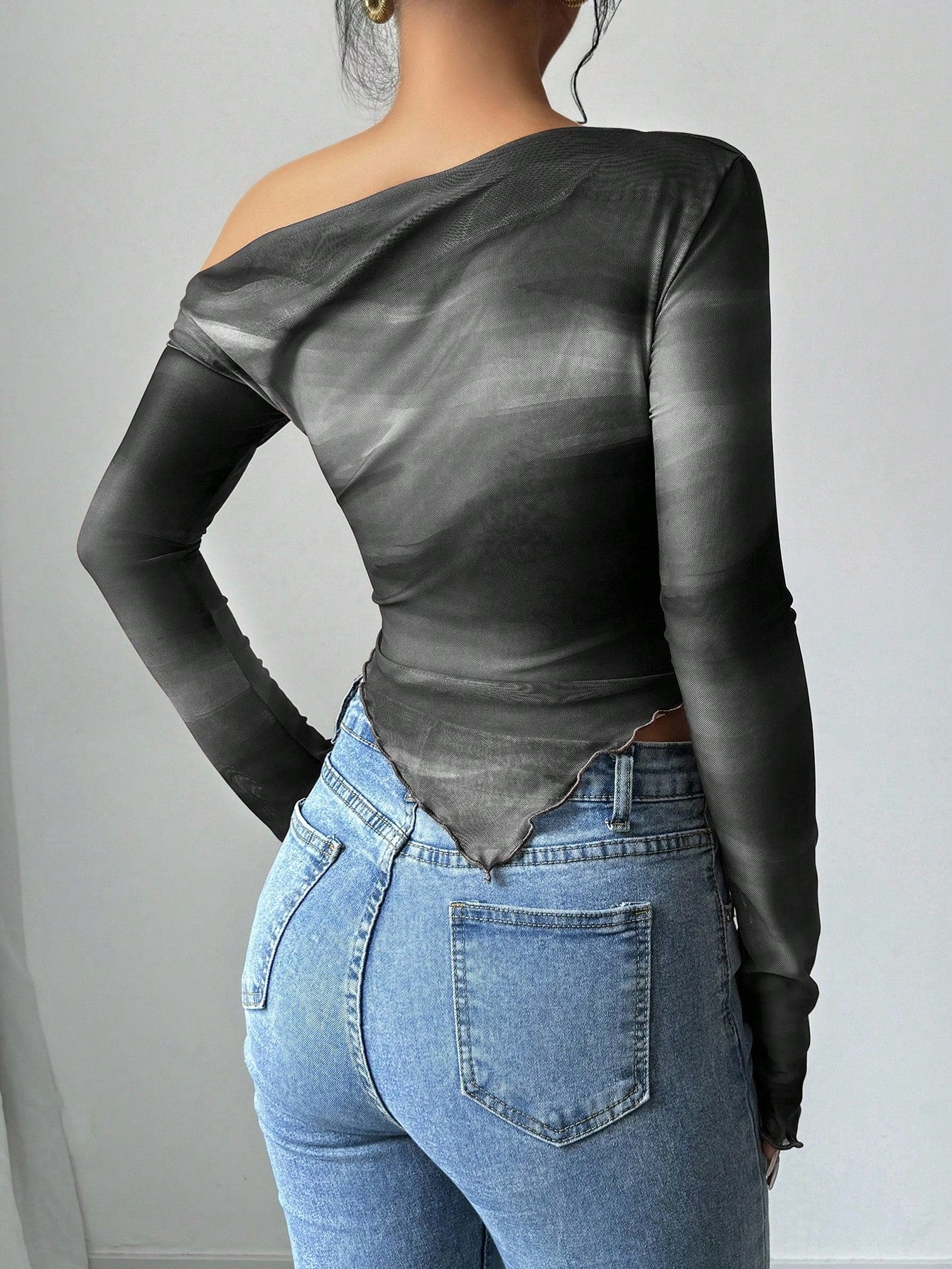 Astrawren Asymmetric Off Shoulder Tie Dye Mesh Long Sleeve Top