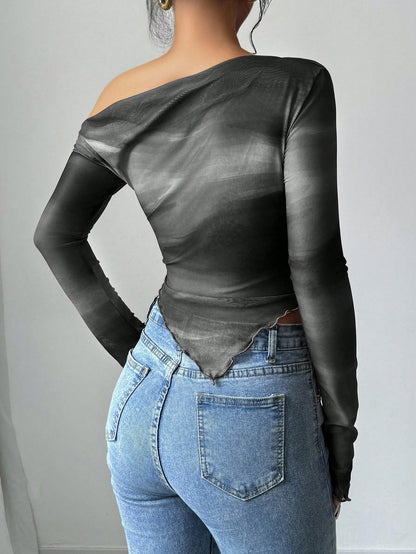 Astrawren Asymmetric Off Shoulder Tie Dye Mesh Long Sleeve Top
