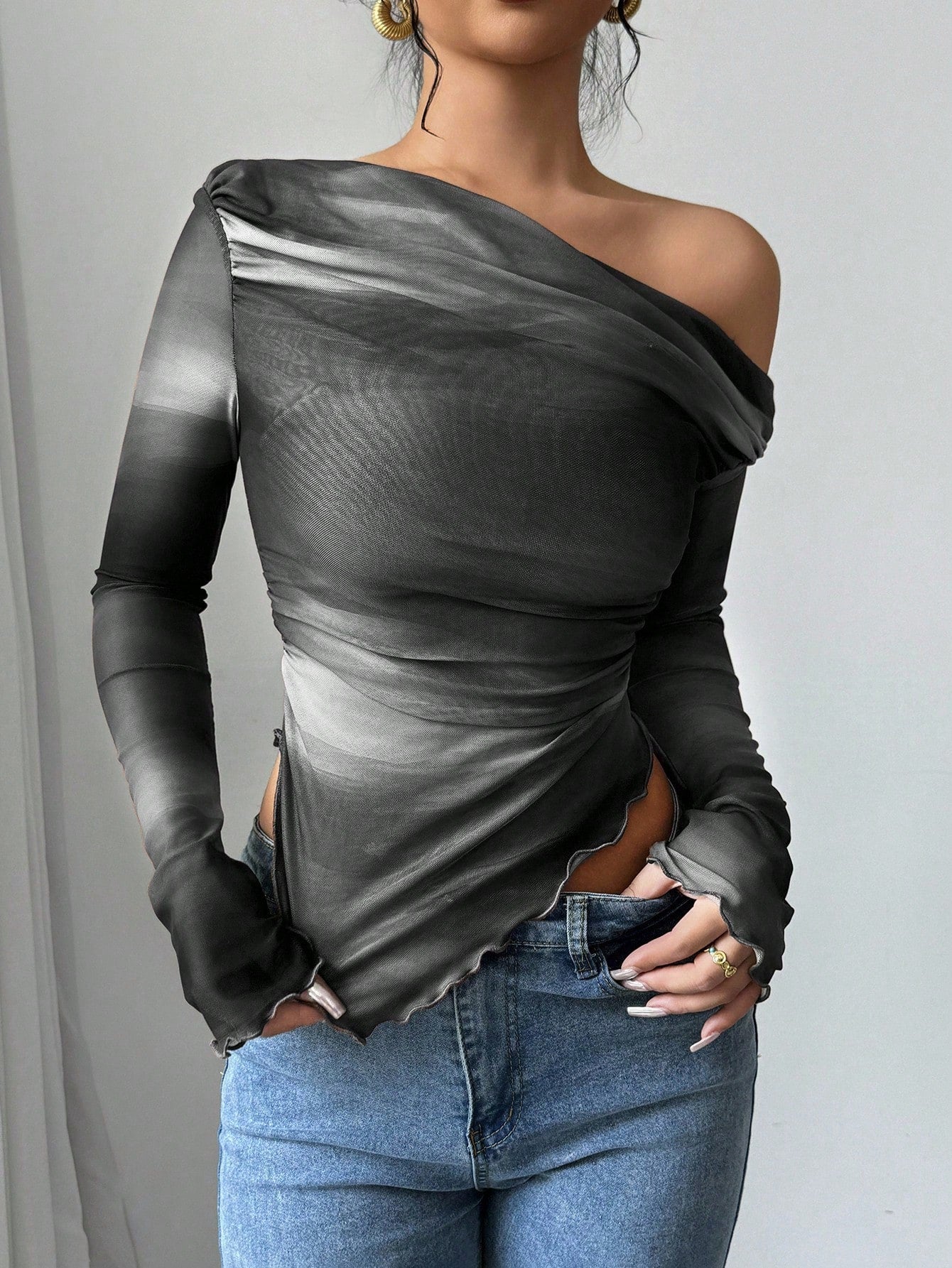 Astrawren Asymmetric Off Shoulder Tie Dye Mesh Long Sleeve Top
