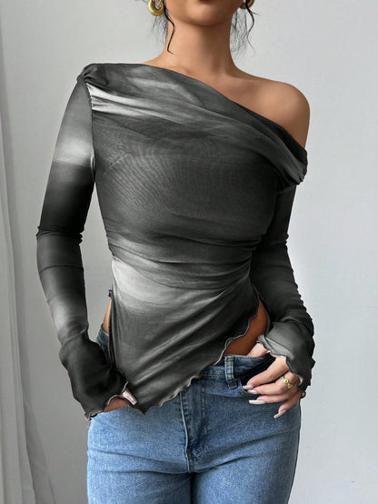 Astrawren Asymmetric Off Shoulder Tie Dye Mesh Long Sleeve Top