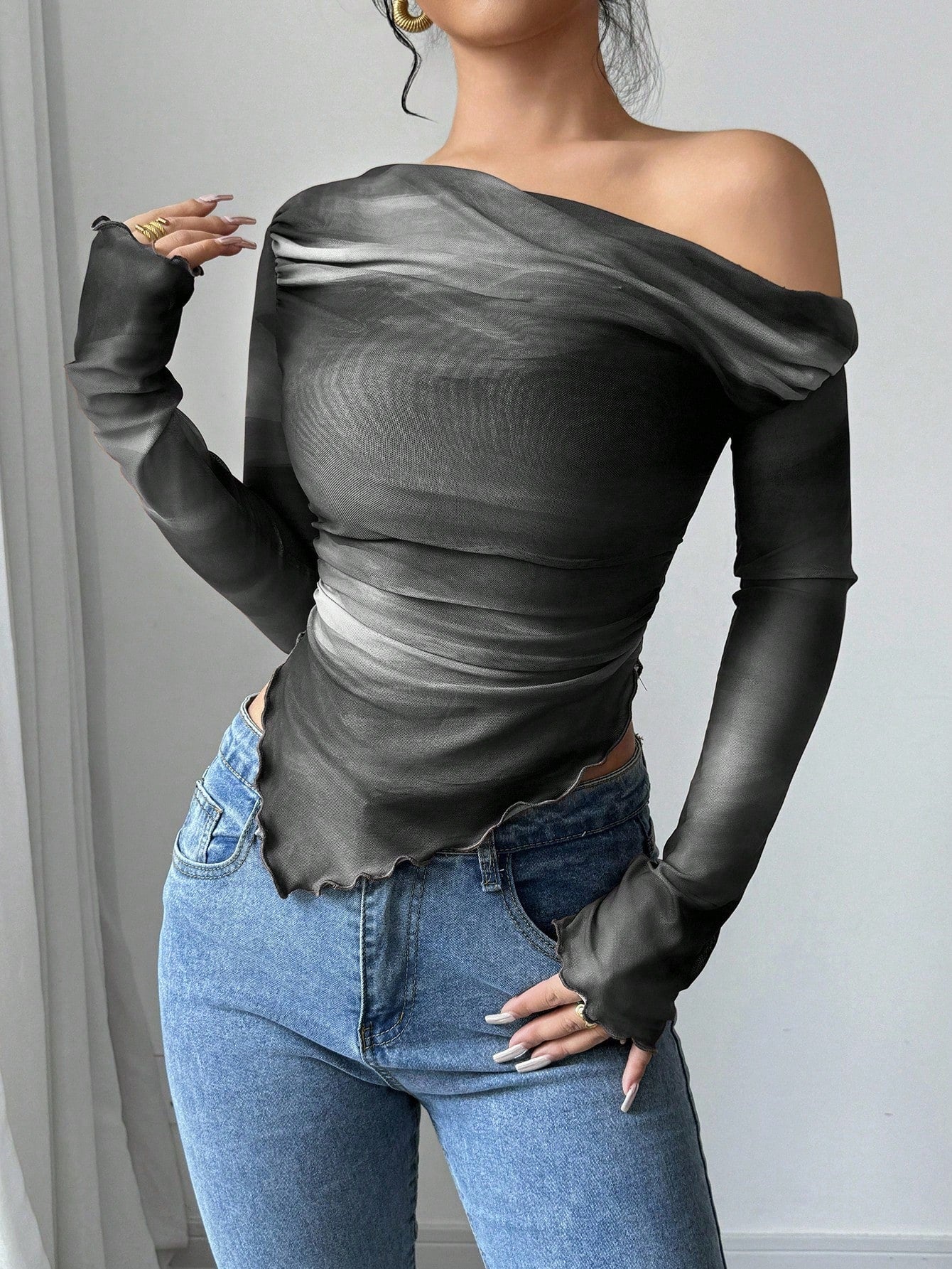 Astrawren Asymmetric Off Shoulder Tie Dye Mesh Long Sleeve Top