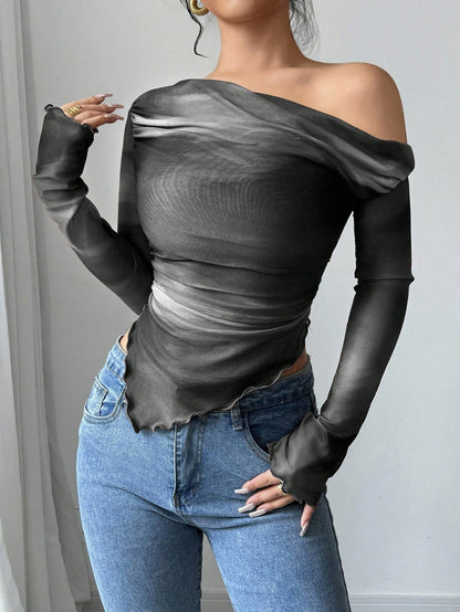 Astrawren Asymmetric Off Shoulder Tie Dye Mesh Long Sleeve Top