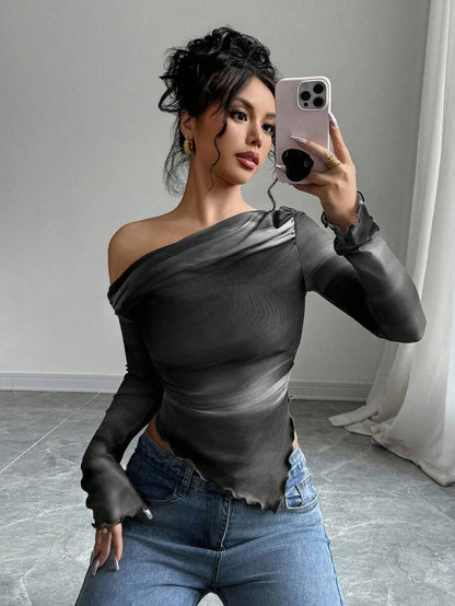 Astrawren Asymmetric Off Shoulder Tie Dye Mesh Long Sleeve Top