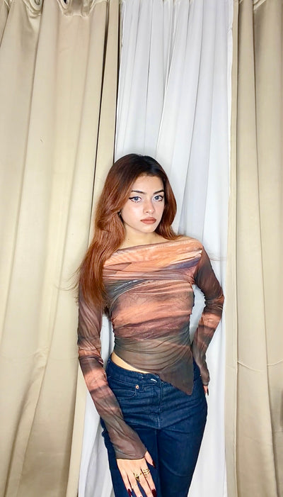 Astrawren Asymmetric Off Shoulder Tie Dye Mesh Long Sleeve Top