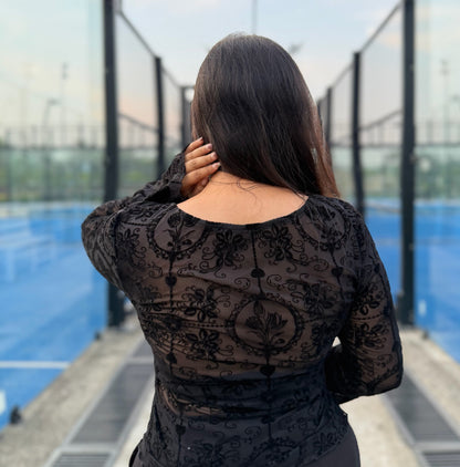 Black Floral Lace Bell-Sleeve Crop Top