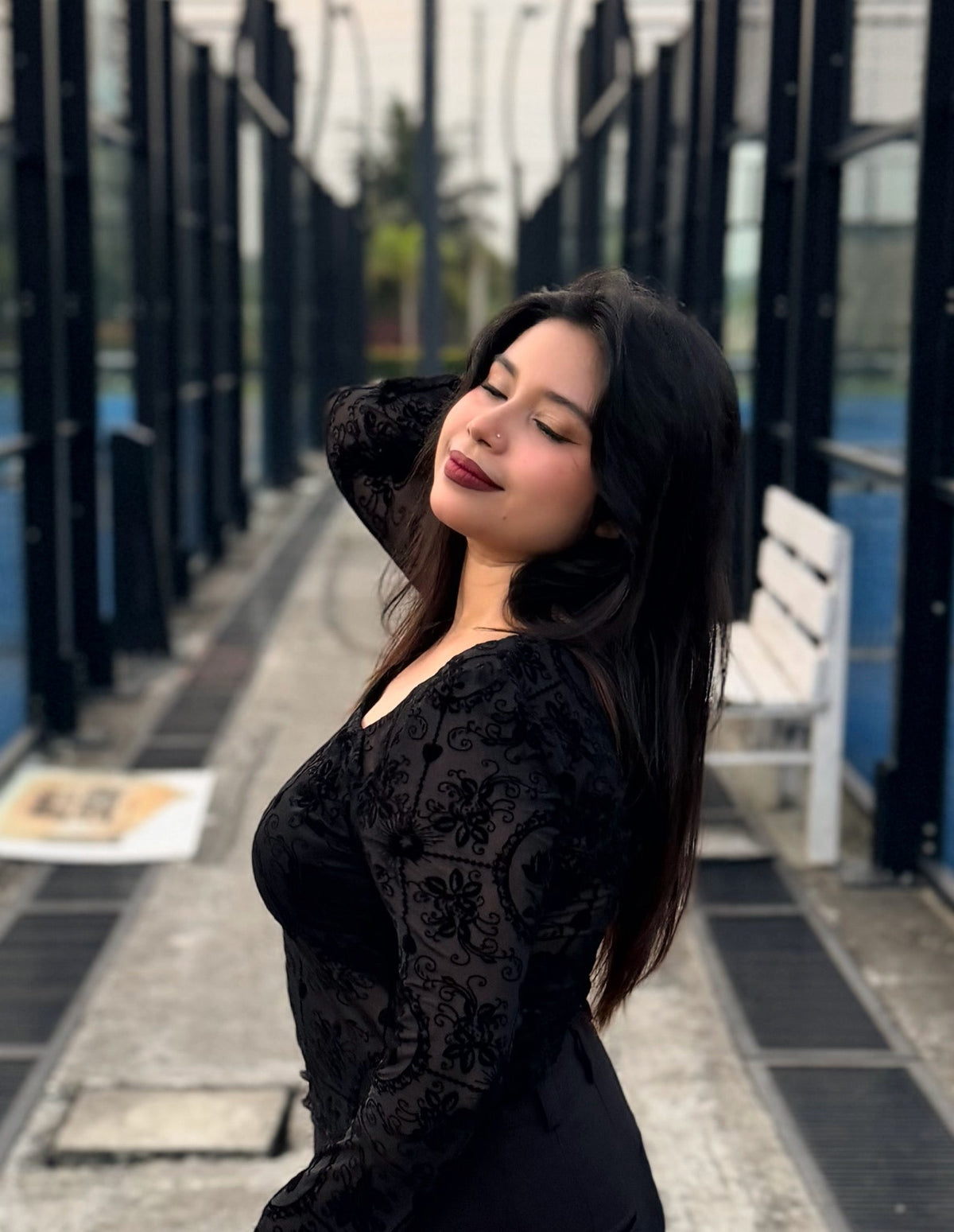 Black Floral Lace Bell-Sleeve Crop Top