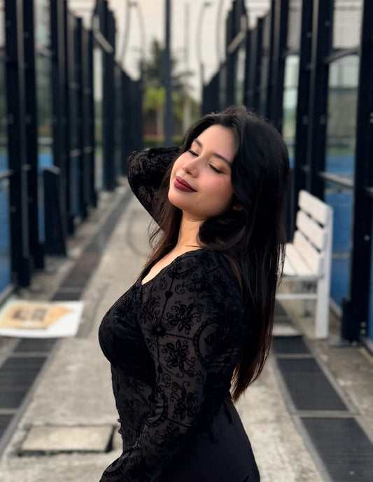 Black Floral Lace Bell-Sleeve Crop Top