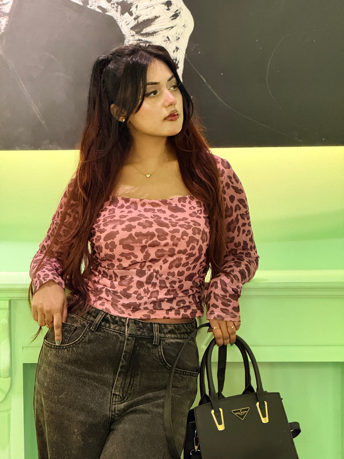 Astra Wren Leopard Print Square Neck Mesh Top