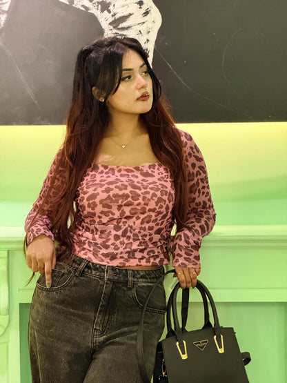 Astra Wren Leopard Print Square Neck Mesh Top