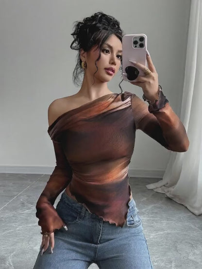 Astrawren Asymmetric Off Shoulder Tie Dye Mesh Long Sleeve Top